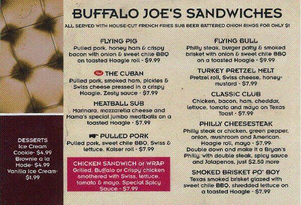 Menu of Buffalo Joe's Bar & Grill, Far North Dallas, Dallas  