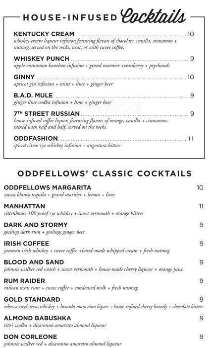 Menu of Oddfellows, Bishop Arts District, Dallas  