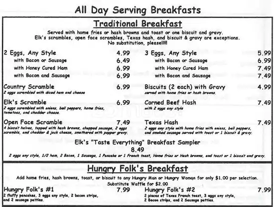 Menu of Elk's Diner, Burleson, Burleson  