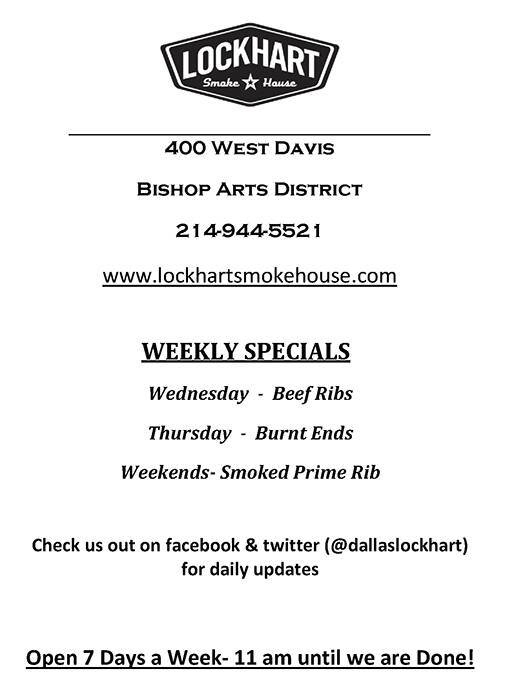 Menu of Lockhart Smokehouse, Bishop Arts District, Dallas  