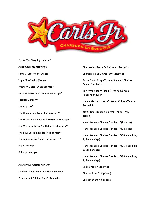 Menu of Carl's Jr., South Arlington, Arlington  