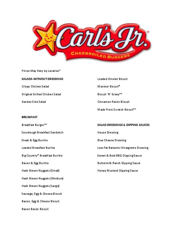 Menu of Carl's Jr., South Arlington, Arlington  