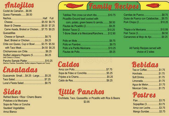 Menu of Luna's Brookhollow, Lovefield, Dallas  