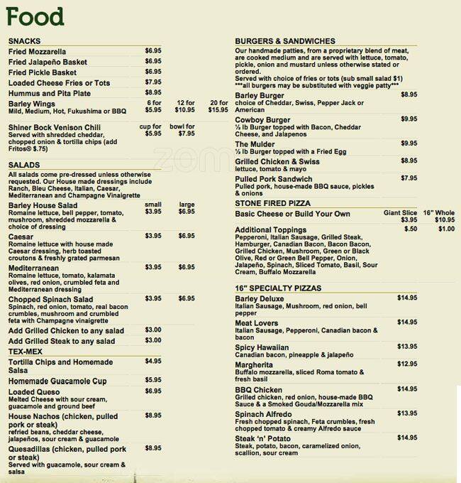 Menu of Barley House, Park Cities, Dallas  