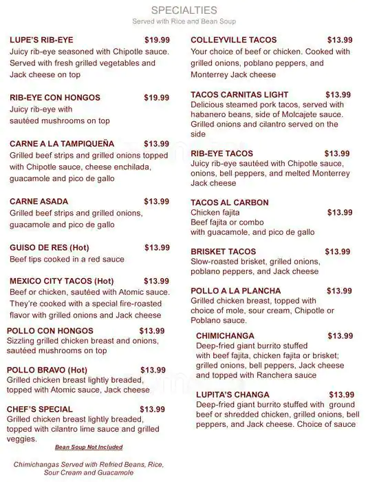 Menu of Lupe's Tex Mex Grill, Arlington, Arlington  