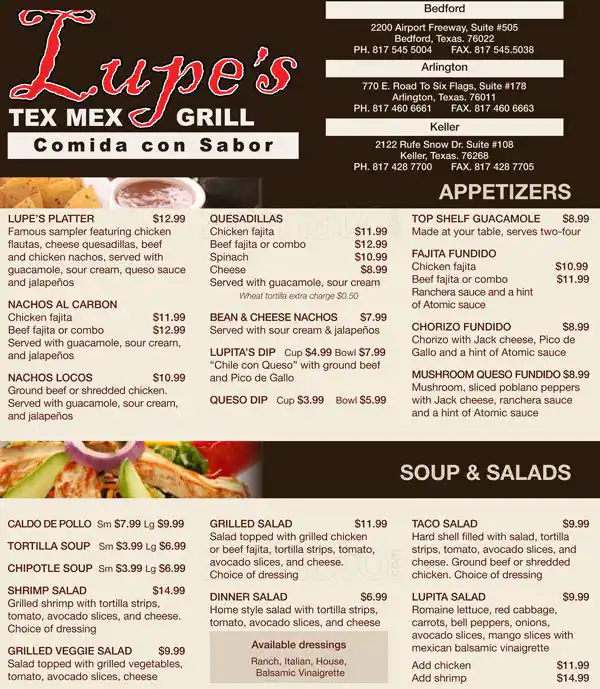 Menu of Lupe's Tex Mex Grill, Arlington, Arlington  