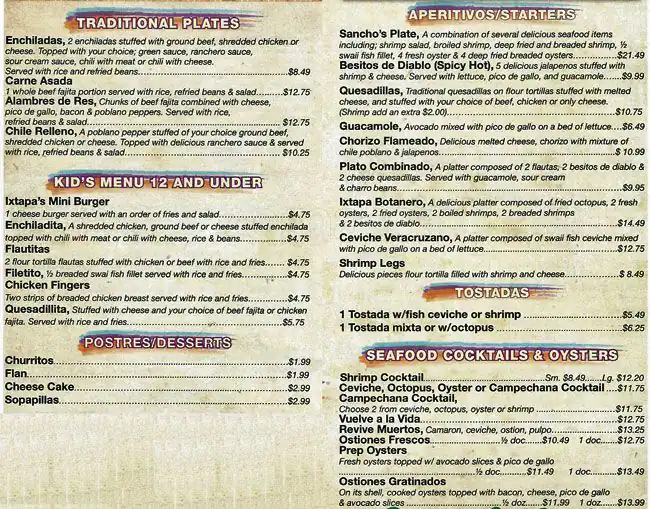 Menu of Ixtapa Bay Restaurant, Lochwood, Dallas  