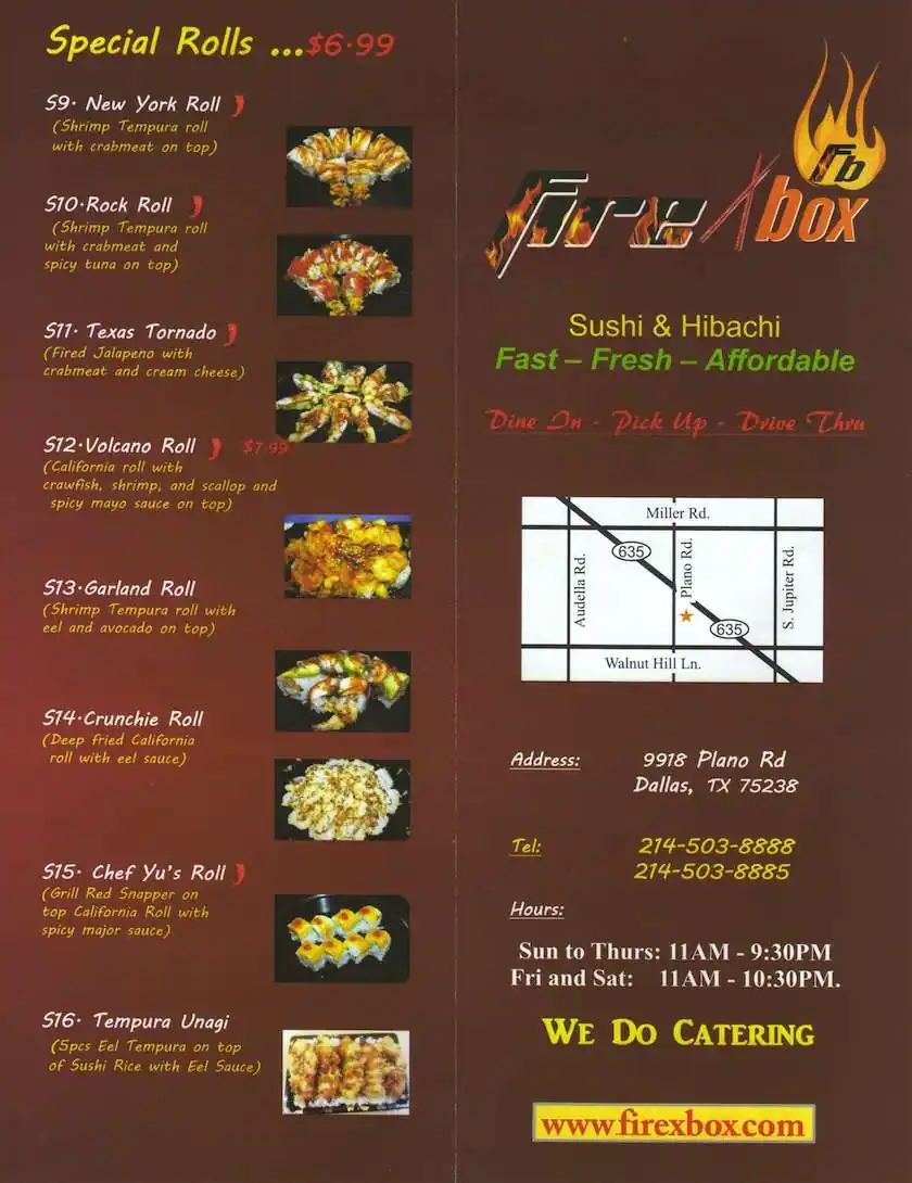 Menu of FireXbox, Lake Highlands, Dallas  