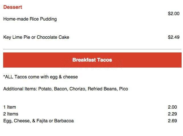 Menu of Tejas Taco Texas Ice, Lovefield, Dallas  