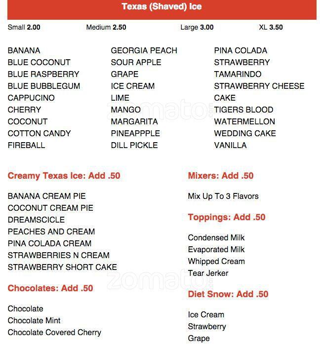 Menu of Tejas Taco Texas Ice, Lovefield, Dallas  