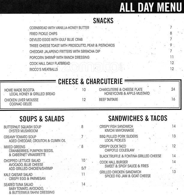 Menu of Cook Hall, Oak Lawn, Dallas  
