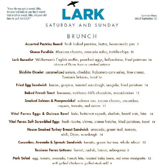 Menu of LARK on the Park, Uptown, Dallas  