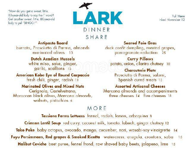 Menu of LARK on the Park, Uptown, Dallas  