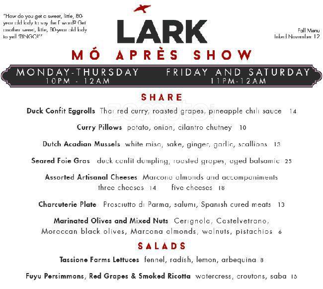 Menu of LARK on the Park, Uptown, Dallas  