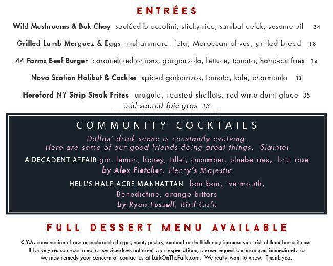 Menu of LARK on the Park, Uptown, Dallas  