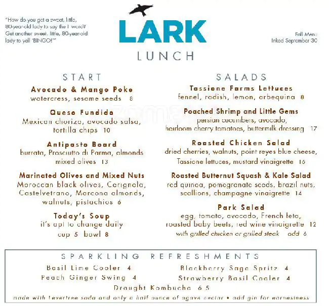 Menu of LARK on the Park, Uptown, Dallas  