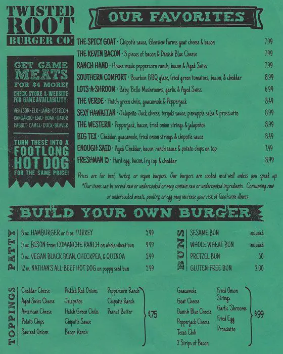 Menu of Twisted Root Burger Company, Bedford, Bedford  