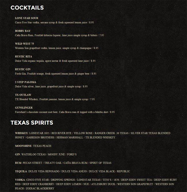 Menu of The Rustic, Cityplace, Dallas  