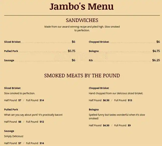 Menu of Jambo's BBQ Shack, Rendon, Burleson  