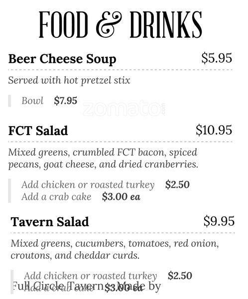 Menu of Full Circle Tavern, Cedar Crest, Dallas  