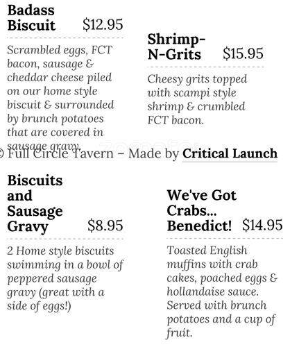 Menu of Full Circle Tavern, Cedar Crest, Dallas  