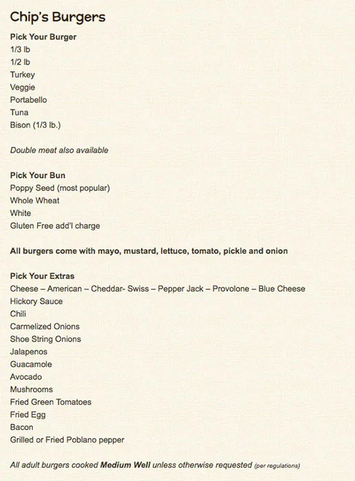 Menu of Chip's Old Fashioned Hamburgers, Swiss Avenue, Dallas  