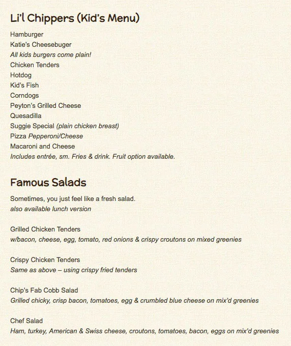 Menu of Chip's Old Fashioned Hamburgers, Swiss Avenue, Dallas  