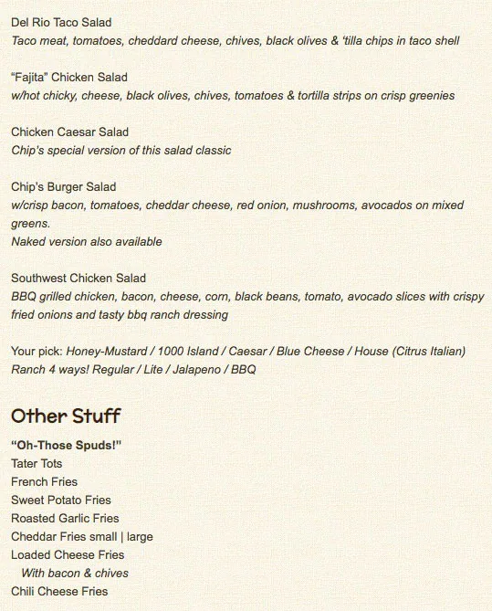 Menu of Chip's Old Fashioned Hamburgers, Swiss Avenue, Dallas  