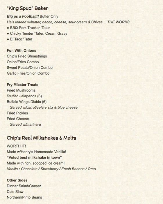 Menu of Chip's Old Fashioned Hamburgers, Swiss Avenue, Dallas  