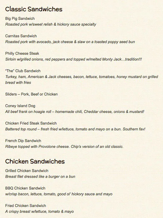 Menu of Chip's Old Fashioned Hamburgers, Swiss Avenue, Dallas  
