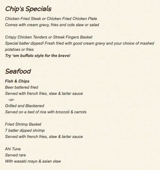 Menu of Chip's Old Fashioned Hamburgers, Swiss Avenue, Dallas  