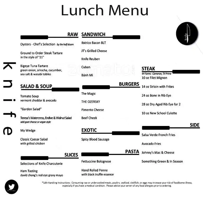 Menu of Knife - The Highland Hotel, Lower Greenville, Dallas  