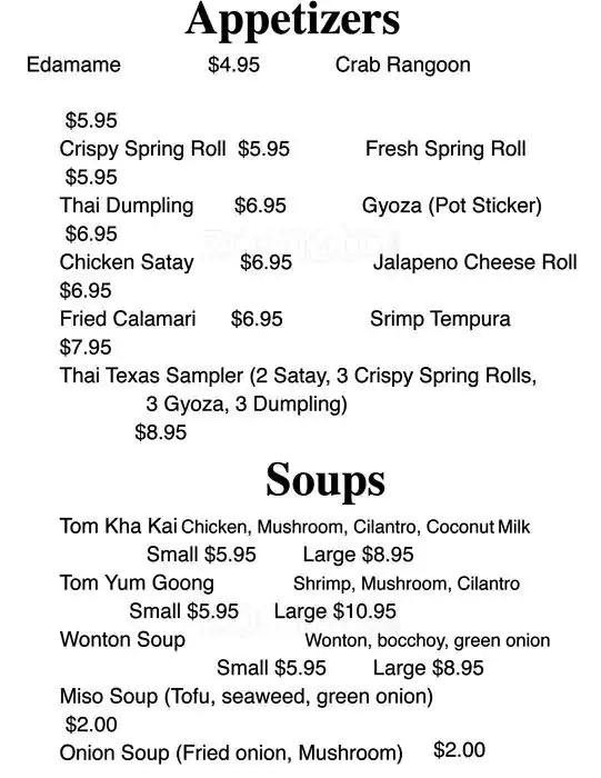 Menu of Thai Texas, Dalworthington Gardens, Arlington  