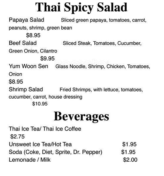 Menu of Thai Texas, Dalworthington Gardens, Arlington  