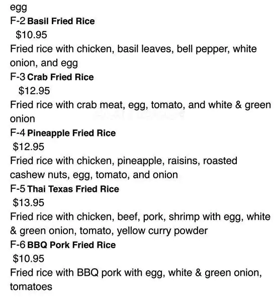 Menu of Thai Texas, Dalworthington Gardens, Arlington  