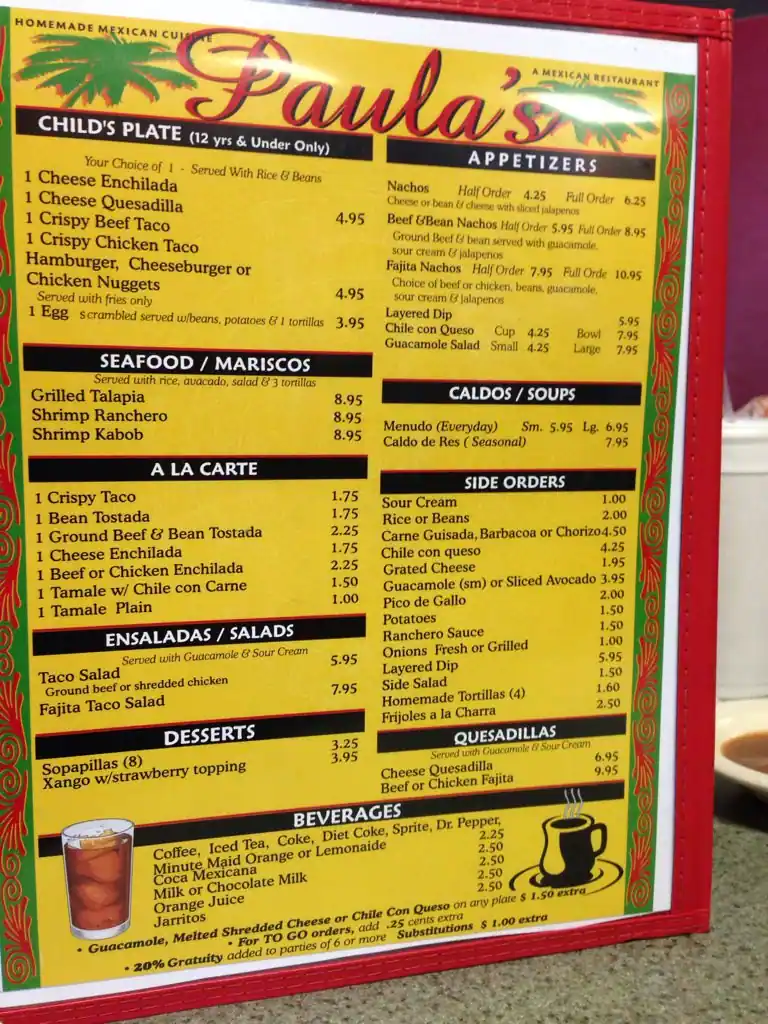 Menu of Paula's Mexican Restaurant, Dalworthington Gardens, Arlington  