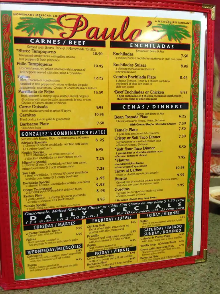 Menu of Paula's Mexican Restaurant, Dalworthington Gardens, Arlington  