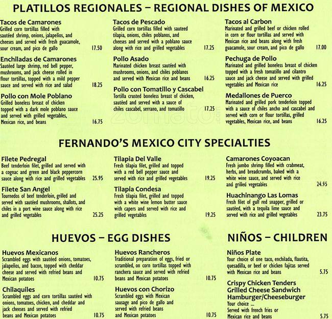 Menu of Fernando's, Oak Lawn, Dallas  