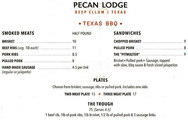 Menu of Pecan Lodge, Deep Ellum, Dallas  