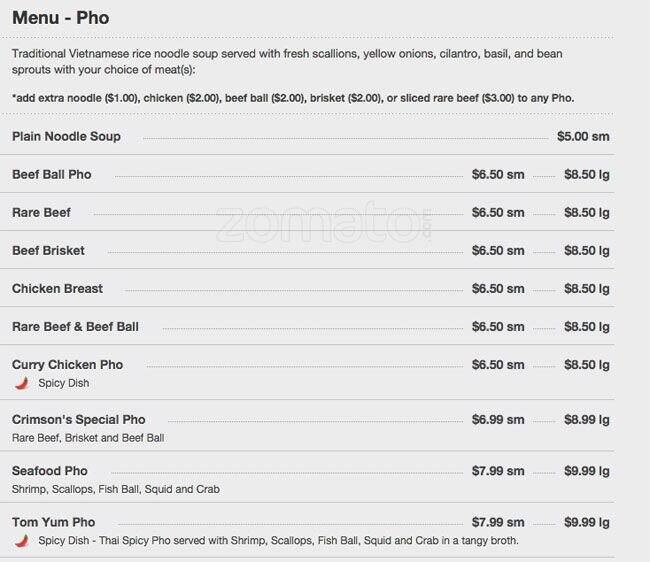 Menu of Pho Crimson, Cityplace, Dallas  