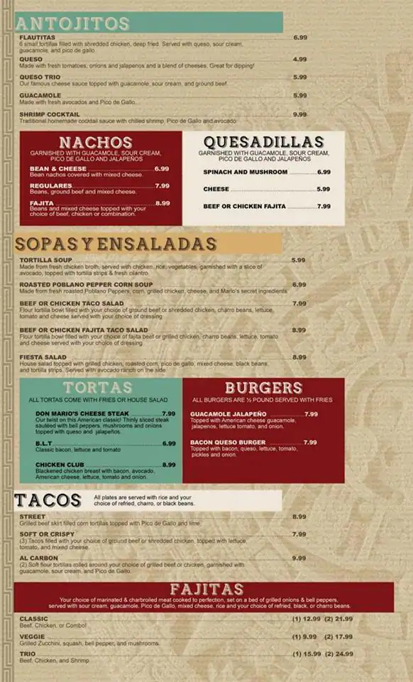 Menu of Don Mario's Mexican Cuisine, Arlington, Arlington  