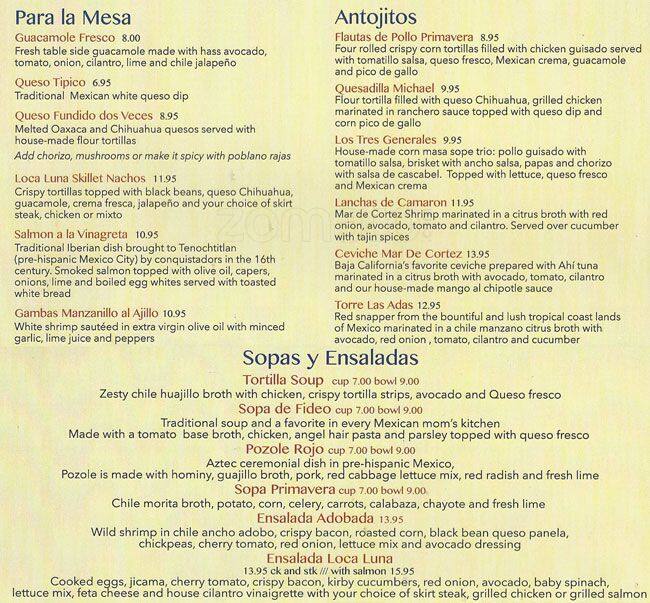 Menu of Loca Luna Mexican Cuisine, Far North Dallas, Dallas  