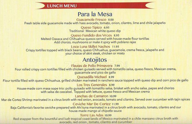 Menu of Loca Luna Mexican Cuisine, Far North Dallas, Dallas  