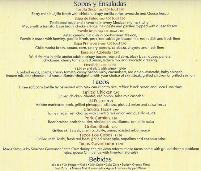 Menu of Loca Luna Mexican Cuisine, Far North Dallas, Dallas  