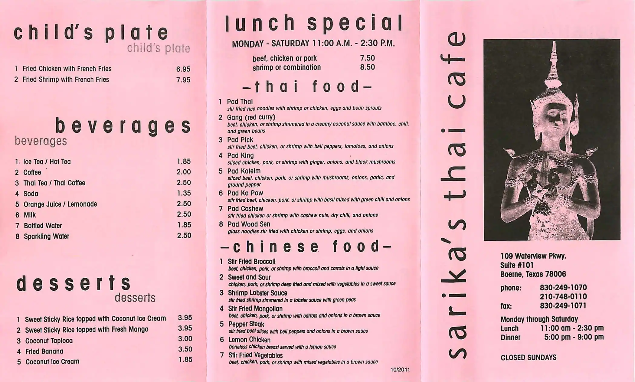 Menu of Sarika's Thai Cafe, Boerne, Boerne  