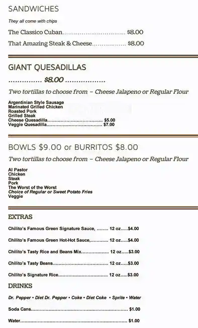 Menu of Chilitos Express Latin Fusion Kitchen, Boerne, Boerne  