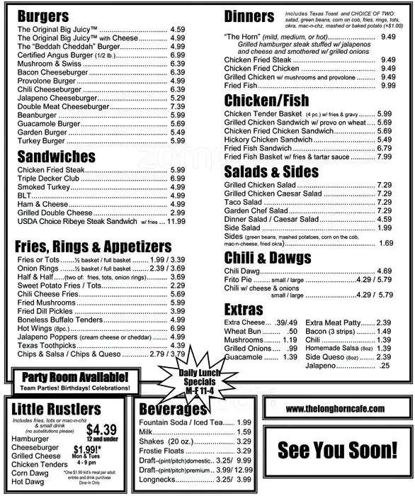 Menu of Longhorn Cafe, Boerne, Boerne  