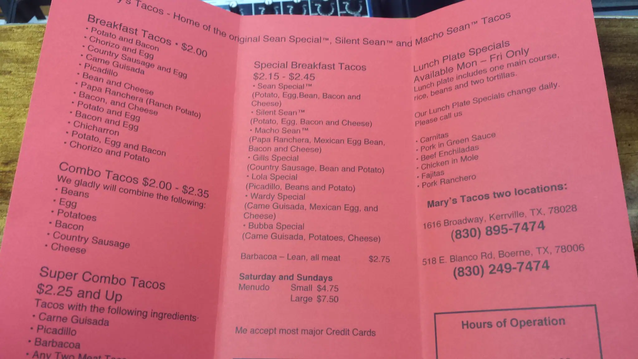 Menu of Mary's Tacos, Boerne, Boerne  