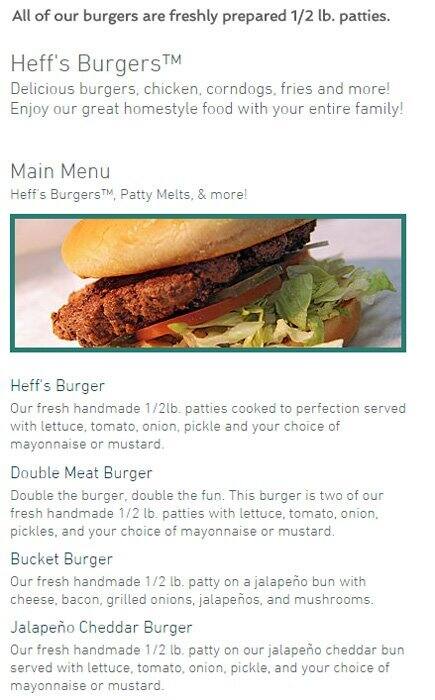 Menu of Heff's Burgers, Abilene, Abilene  