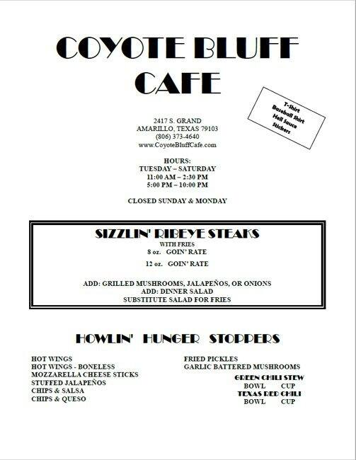 Menu of Coyote Bluff Cafe, Amarillo, Amarillo  